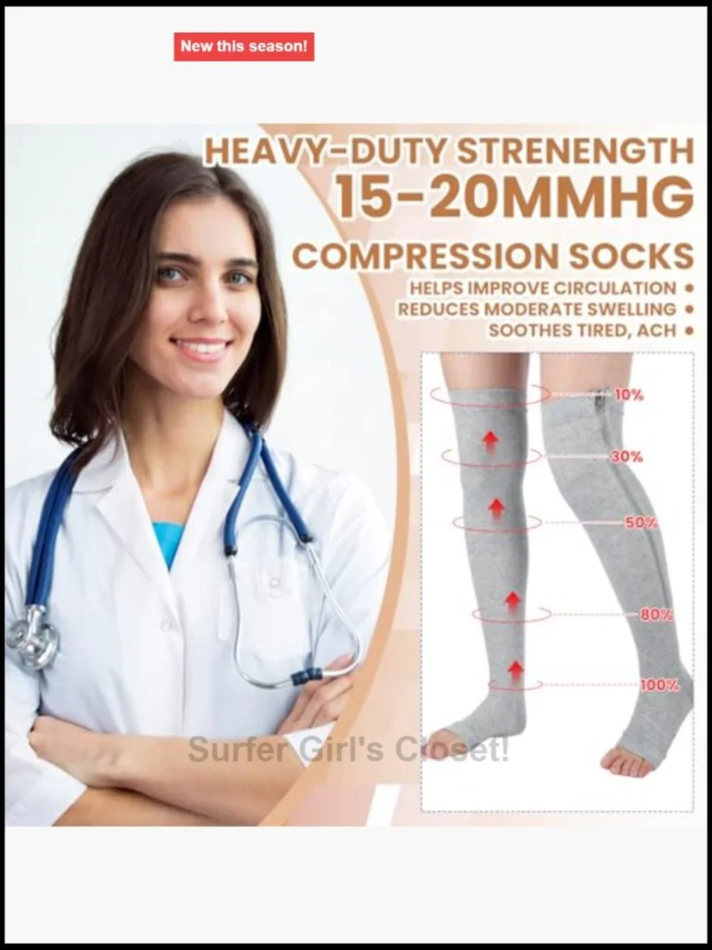 Women's 4-Pair Thigh High Zipper Compression Socks 15-20 mmHg Nylon Knee-High